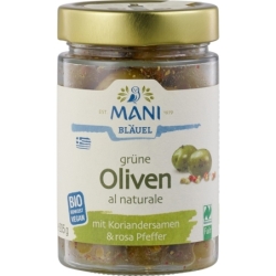 Măsline verzi crude cu coriandru și piper roșu, bio, 205g, Mani