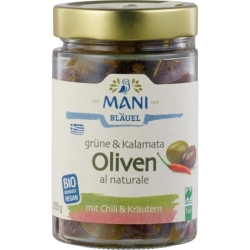 Măsline verzi și Kalamata crude cu chili și ierburi, bio, 205g, Mani