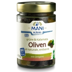 Mix de măsline verzi și Kalamata cu oregano raw vegan, bio, 175g, Mani