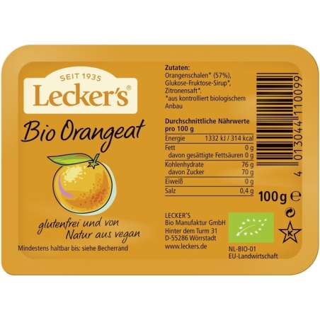 Coajă bio de portocală confiată vegan și fără gluten, 100g, Lecker's